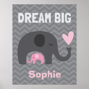 Dream Big Little One - Gray and Pink Elephants Poster