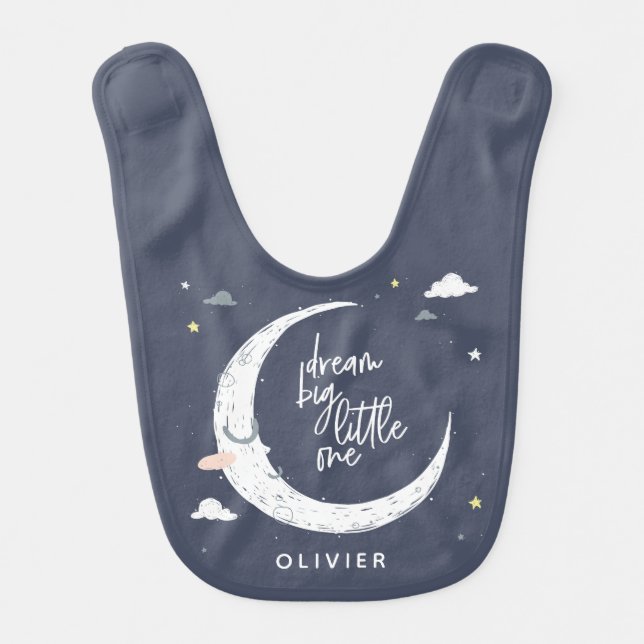 Dream big little one moon + clouds personalized baby bib (Front)