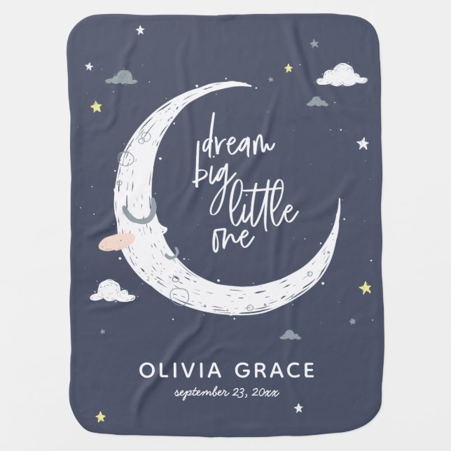 Dream big little one moon + clouds personalized baby blanket (Front)