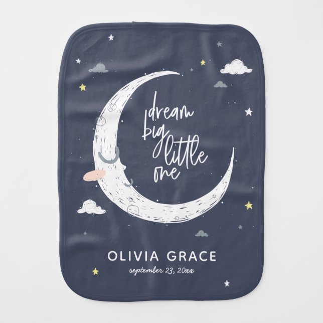 Dream big little one moon + clouds personalized baby burp cloth (Front)