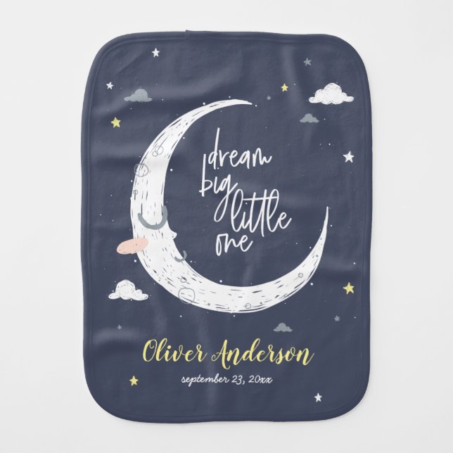 Dream big little one moon + clouds personalized baby burp cloth (Front)