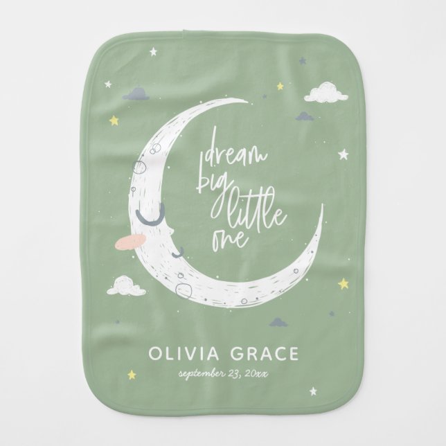 Dream big little one moon + clouds personalized baby burp cloth (Front)