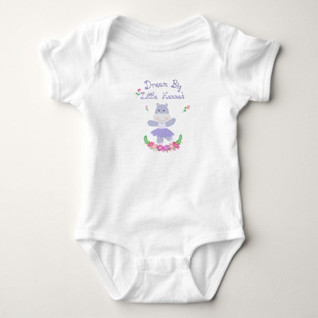 Dream Big Little one, Purple Hippo Ballerina Baby Bodysuit (Front)