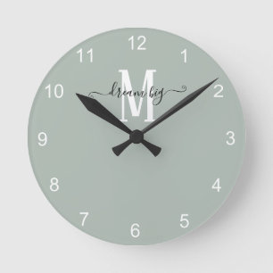 Dream Big Motivational Monogram Initial Sage Green Round Clock