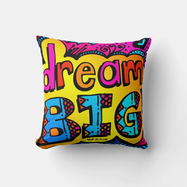 Dream Big Neon Graffiti Comic Book Illustration Throw Pillow (Front)