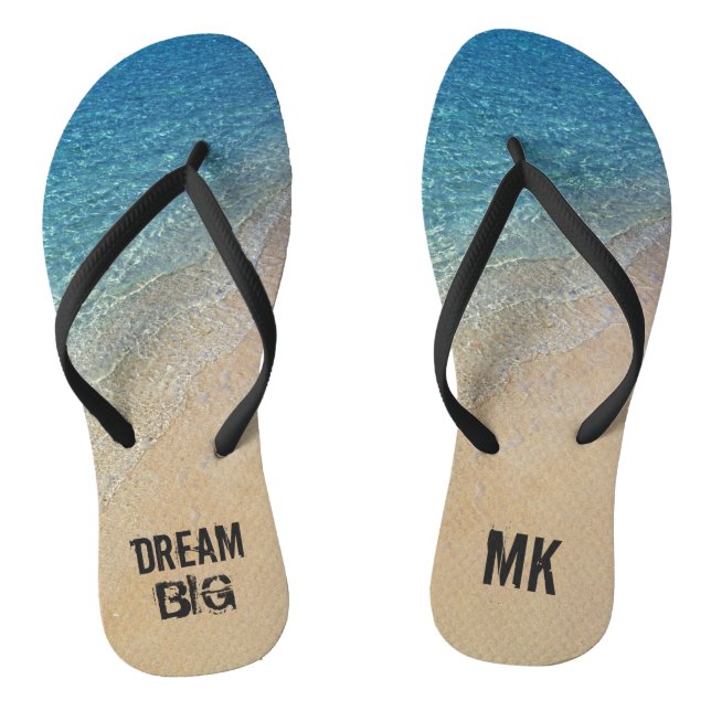 Dream Big Ocean Beach with Custom Monogram Name Flip Flops (Footbed)