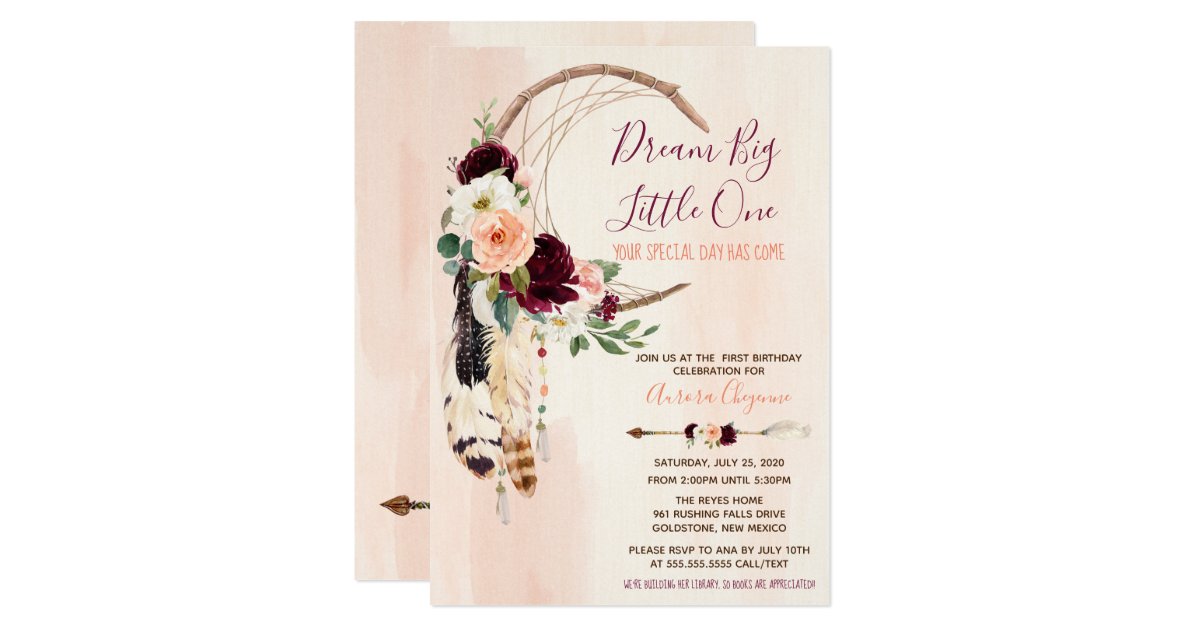Dream Big Peach Burgundy Boho First Birthday Invitation Zazzle