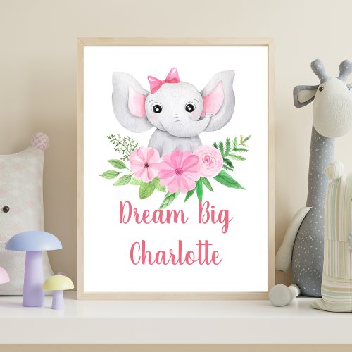 Dream Big Pink Elephant Baby Girl Nursery Wall Art