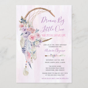 Dream Big Pink & Purple Boho First Birthday Party Invitation