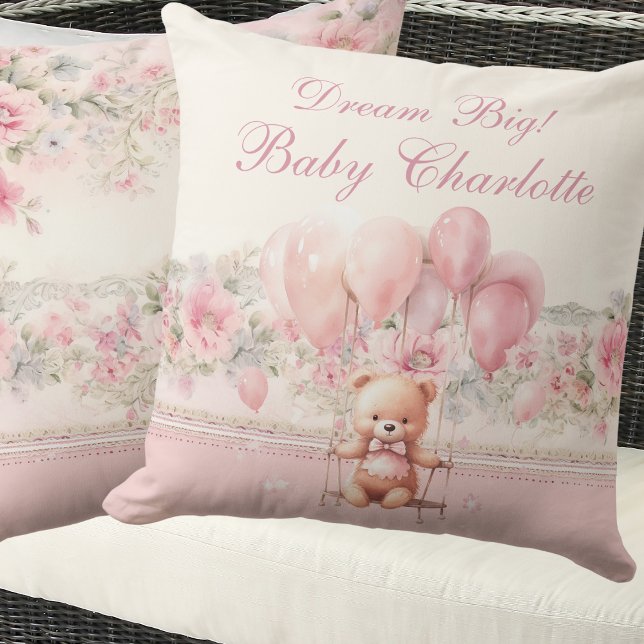 Dream Big Pink Teddy Baby Girl Nursery Throw Pillow (Creator Uploaded)