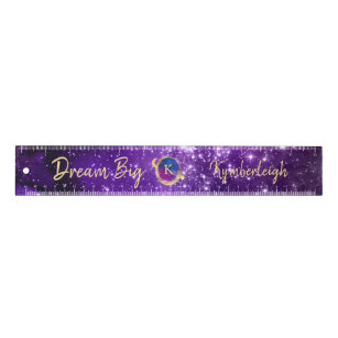 Dream Big Purple Galaxy Glam Gold Monogram 12-inch Ruler