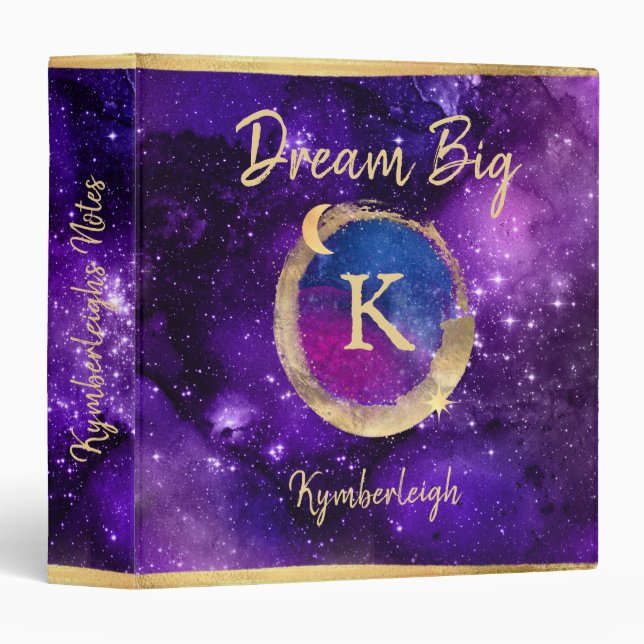 Dream Big Purple Galaxy Glam Gold Monogram Name 3 Ring Binder (Front/Spine)