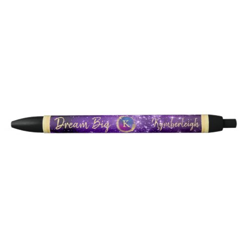 Dream Big Purple Galaxy Glam Gold Monogram Name Black Ink Pen