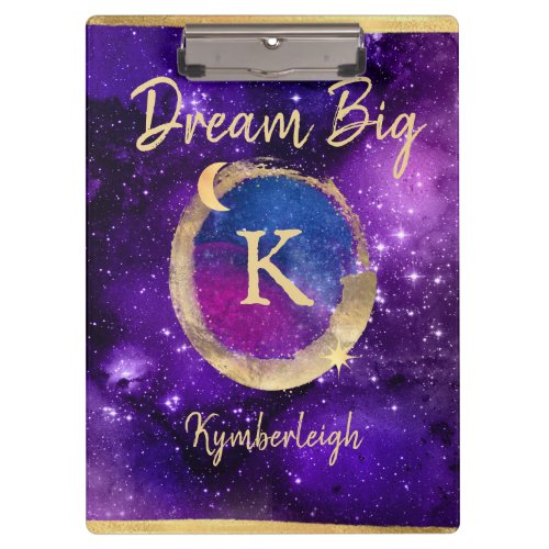 Dream Big Purple Galaxy Glam Gold Monogram Name Clipboard
