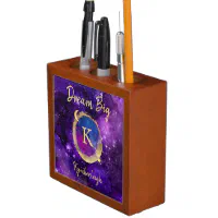 Dream Big Purple Galaxy Glam Gold Monogram Name Desk Organizer