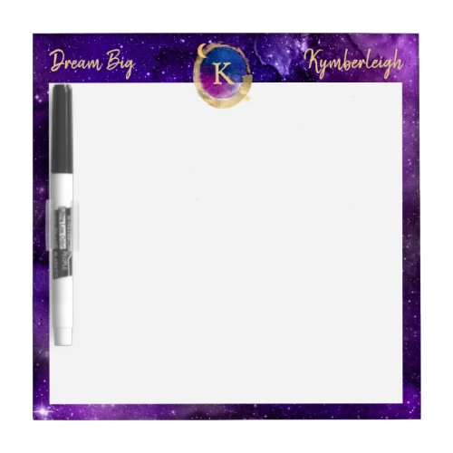Dream Big Purple Galaxy Glam Gold Monogram Name Dry Erase Board