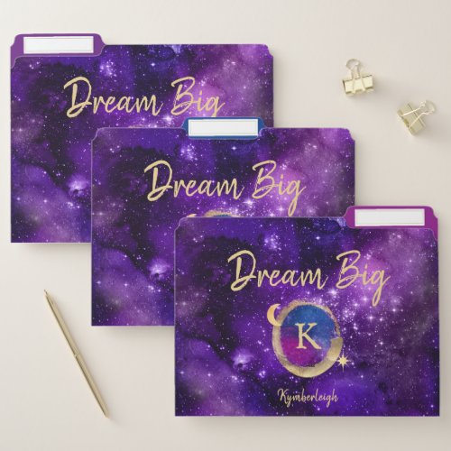 Dream Big Purple Galaxy Glam Gold Monogram Name  File Folder