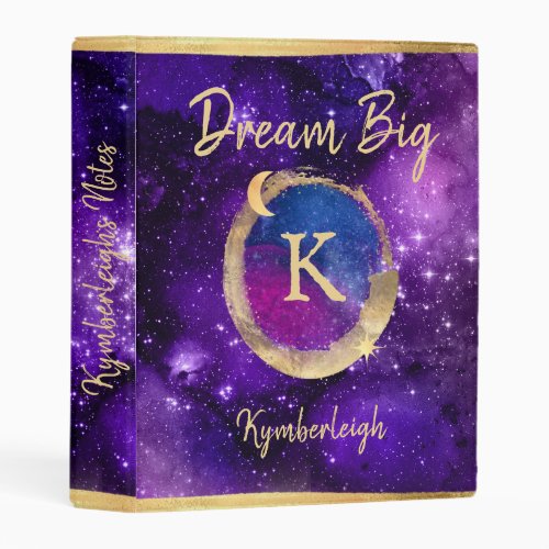 Dream Big Purple Galaxy Glam Gold Monogram Name Mini Binder