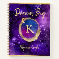 Dream Big Purple Galaxy Glam Gold Monogram Name Notebook | Zazzle