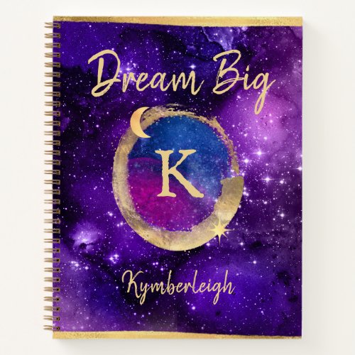 Dream Big Purple Galaxy Glam Gold Monogram Name Notebook