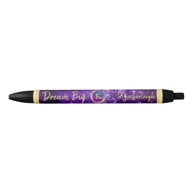 Dream Big Purple Galaxy Glam Gold Monogram Name Pen (Front)