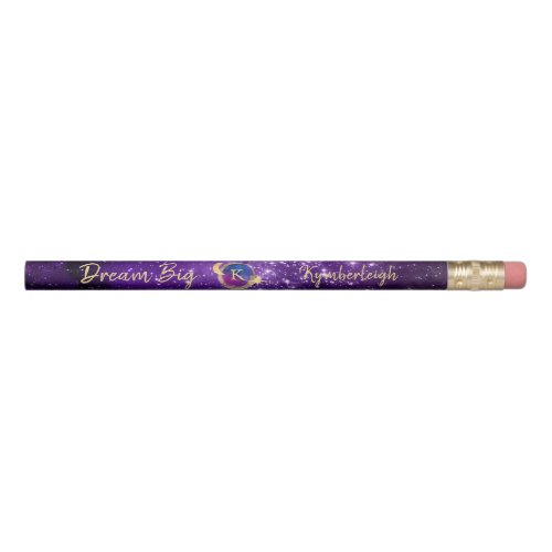 Dream Big Purple Galaxy Glam Gold Monogram Name Pencil