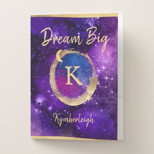 Dream Big Purple Galaxy Glam Gold Monogram Name Pocket Folder