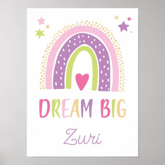Dream Big Rainbow Hearts Stars Girls Poster (Front)