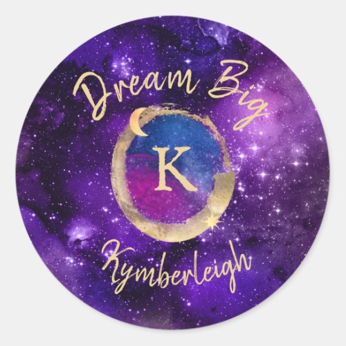 Dream Big Space Galaxy Metallic Gold Monogram Name Classic Round Sticker