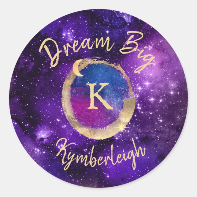 Dream Big Space Galaxy Metallic Gold Monogram Name Classic Round Sticker (Front)
