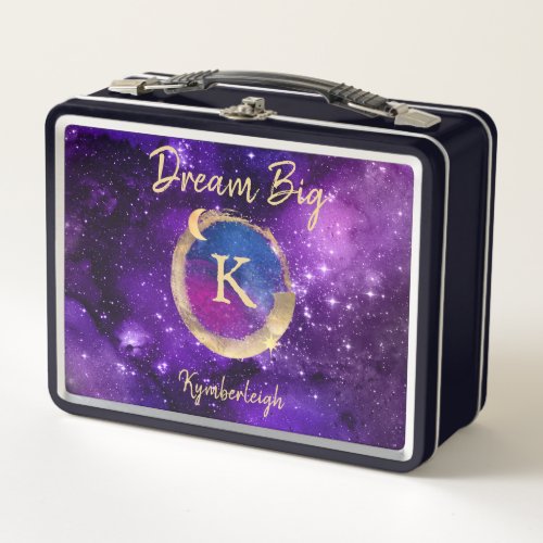 Dream Big Space Galaxy Metallic Gold Monogram Name Metal Lunch Box