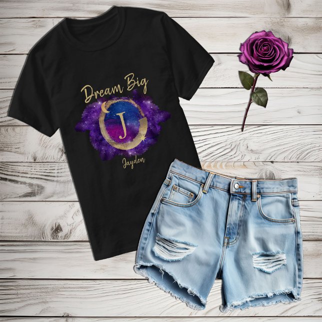 Dream Big Space Galaxy Metallic Gold Monogram Name T-Shirt (Creator Uploaded)