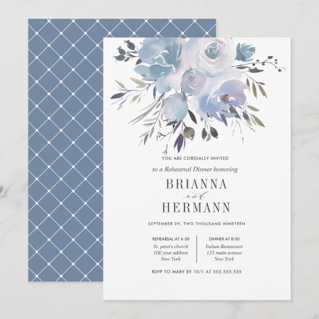 Dream Blue | Flowers Wedding  Rehearsal Dinner Invitation (Front/Back)