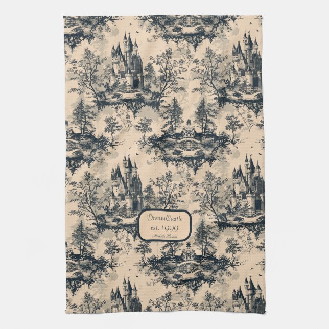 Dream Castle Midnight and Ivory Toile de Jouy Kitchen Towel (Vertical)