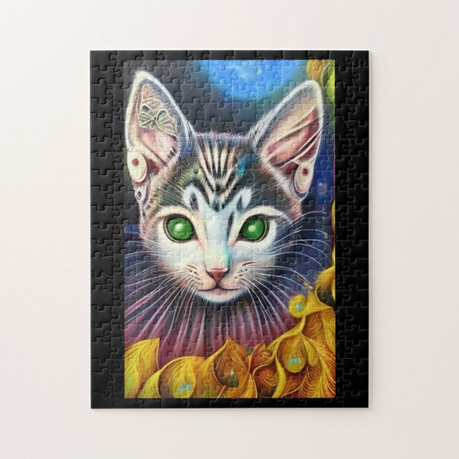 Dream cat green eyes fantasy golden feathers jigsaw puzzle (Vertical)
