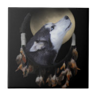 Dream catcher and blue eyed Husky Small Square Tile