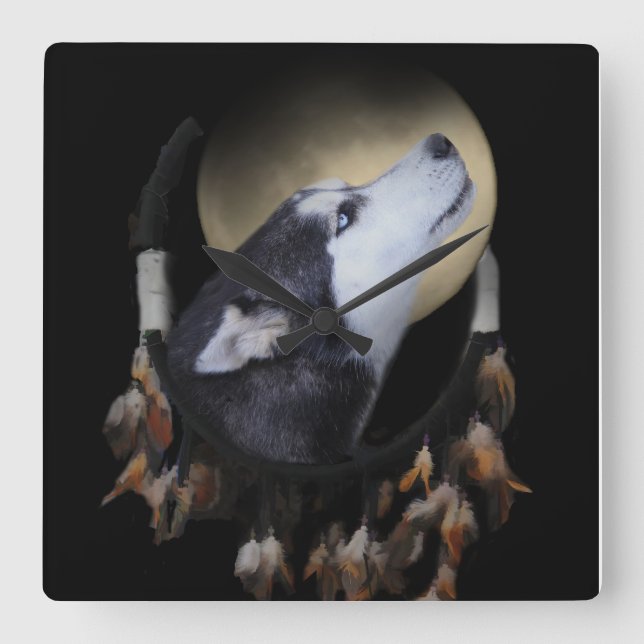 Dream catcher and blue eyed Husky Square Wall Clock (Front)