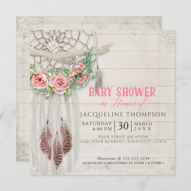 Dream Catcher Baby Shower Girl BOHO Wood Feather Invitation (Front/Back)