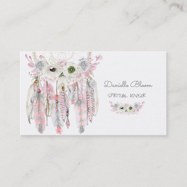 Dream Catcher Boho Arrows Feathers Pink Gray Business Card (Front)