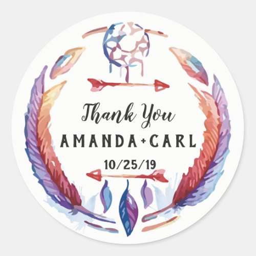 Dream Catcher Feather Arrow Boho Wedding Thank You Classic Round Sticker