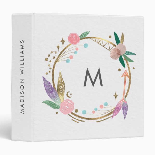 Dream Catcher Floral Arrow Boho Native Indian 3 Ring Binder (Front/Spine)