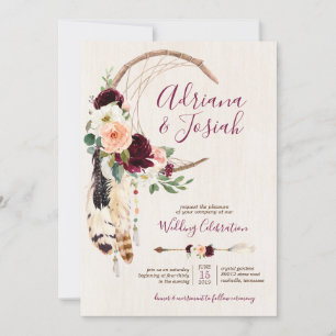 Dream Catcher Moon Peach & Burgundy Boho Wedding Invitation