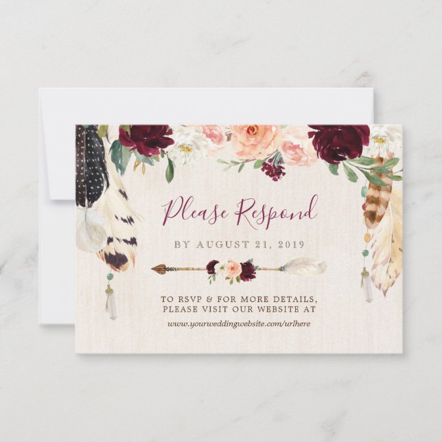 Dream Catcher Moon Peach & Burgundy Boho Wedding RSVP Card (Front)