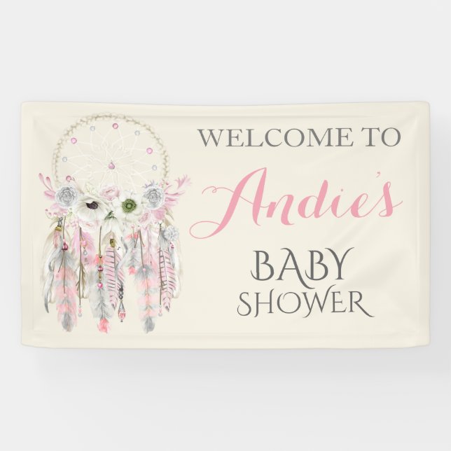 Dream Catcher Pink Gray Ivory Feathers Banner (Horizontal)