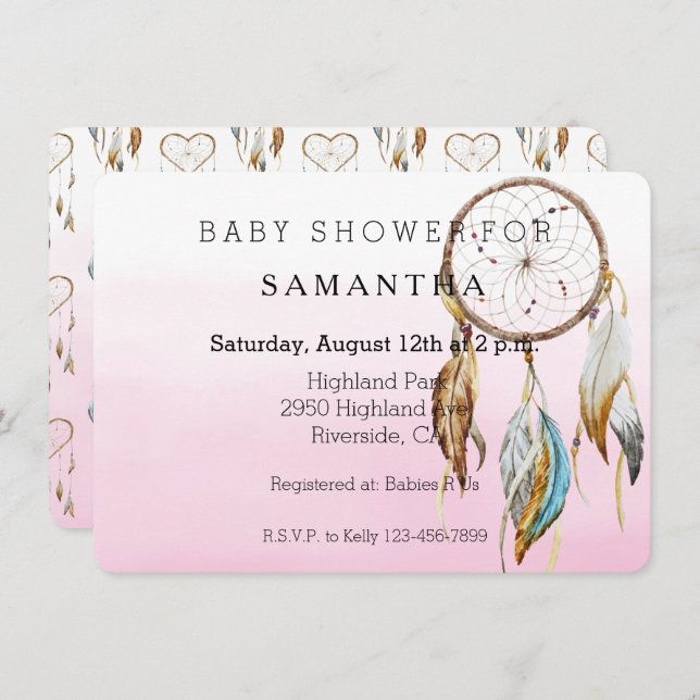 Dream Catcher Pink Watercolor baby shower Invitation (Front/Back)
