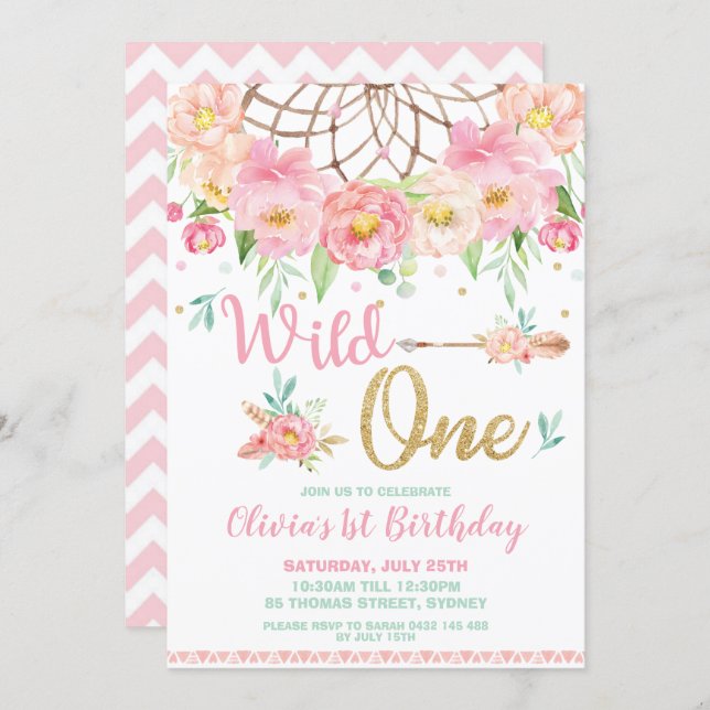 Dream Catcher Wild One 1st Birthday Boho Floral Invitation (Front/Back)