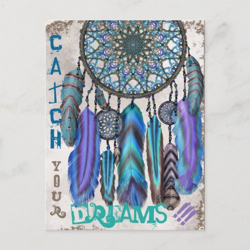 Dream catcher with a magic bird turquoise feathers postcard