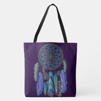 Dream catcher with a magic bird turquoise feathers tote bag