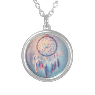 Dream Catcher with Soft Feathers and Beads Silver Plated Necklace