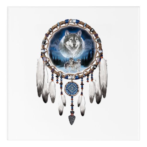 Dream Catcher with wolf background Acrylic Print